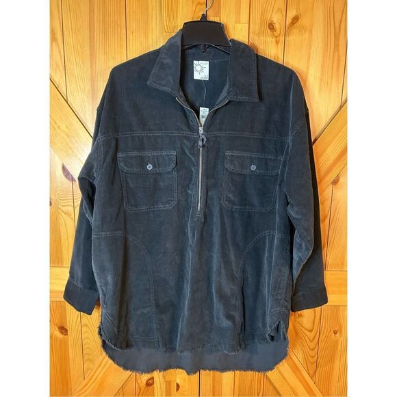 OFFLINE By Aerie Size M Corduroy Quarter Zip Shacket Shirt Black Oversized Raw n - Picture 1 of 7